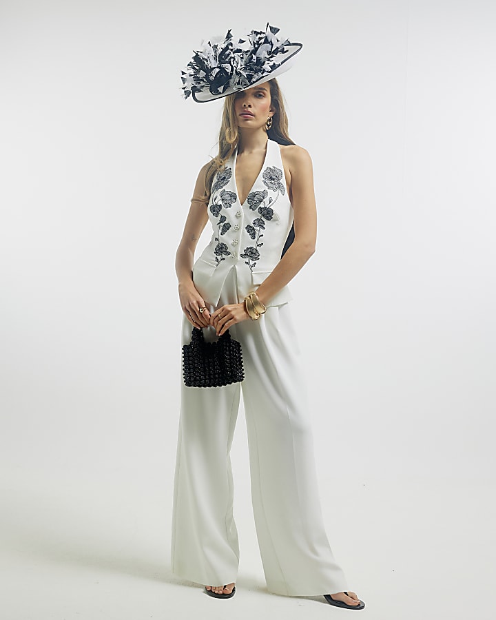 White Premium Halter Embroidered Jumpsuit
