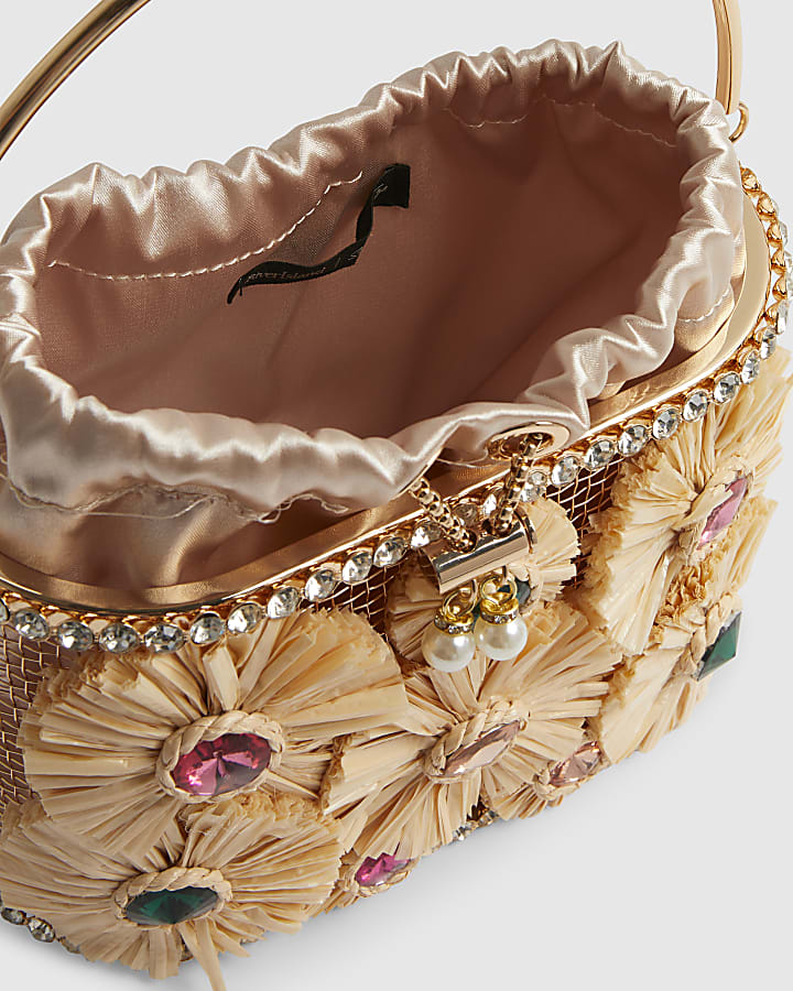 Beige Gem Raffia Flower Basket Bag