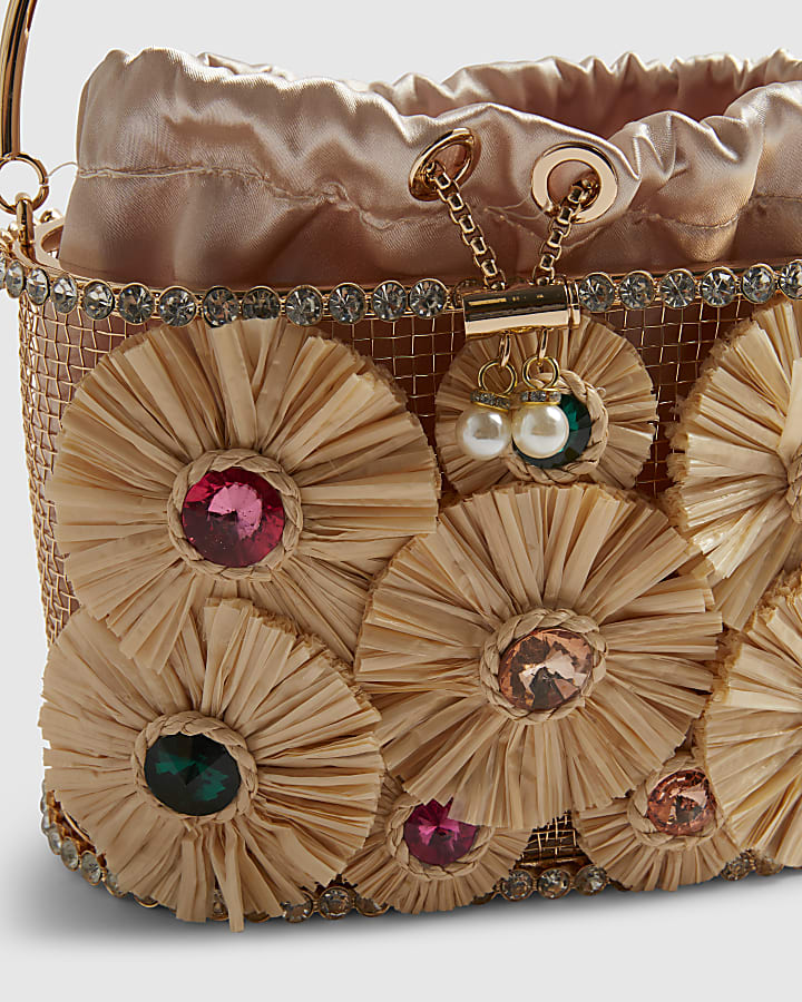 Beige Gem Raffia Flower Basket Bag