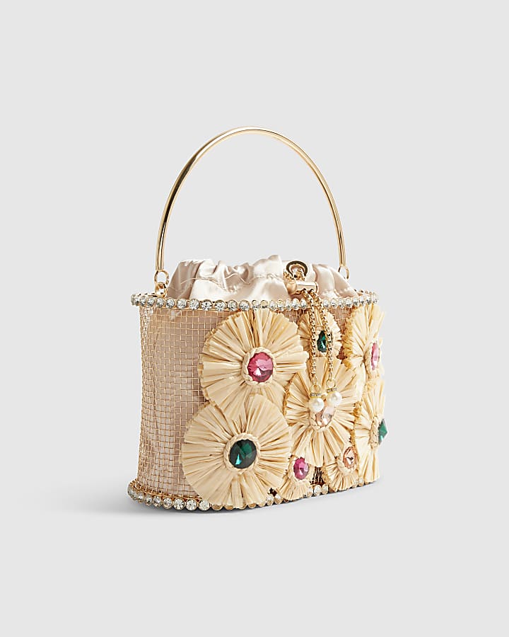 Beige Gem Raffia Flower Basket Bag