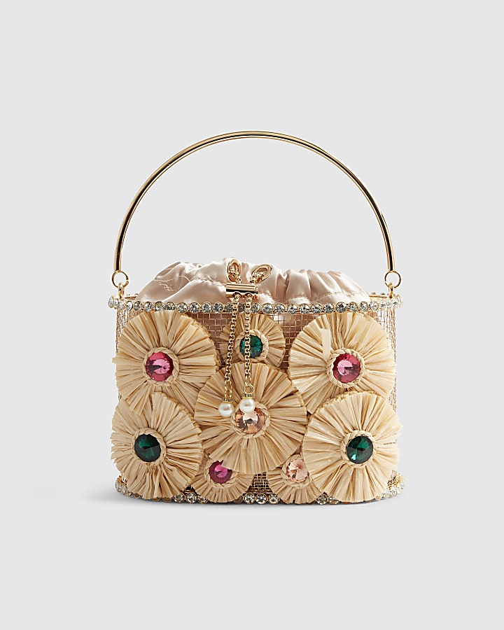 Beige Gem Raffia Flower Basket Bag