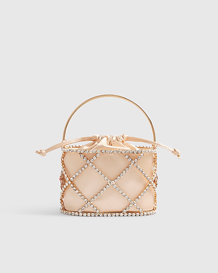 Gold Diamante Flower Basket Clutch Bag