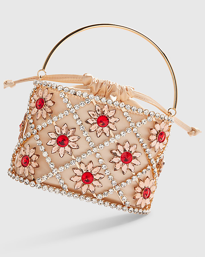 Gold Diamante Flower Basket Clutch Bag
