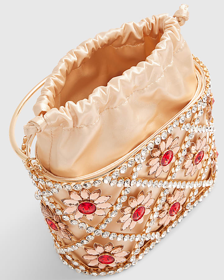 Gold Diamante Flower Basket Clutch Bag