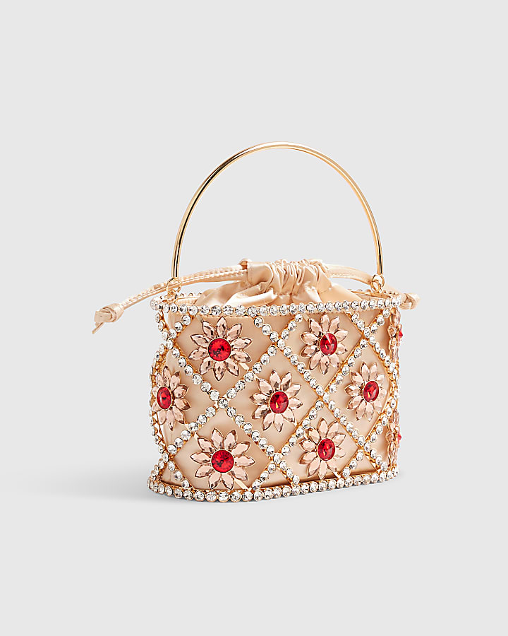 Gold Diamante Flower Basket Clutch Bag