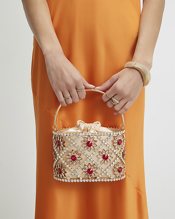 Gold Diamante Flower Basket Clutch Bag