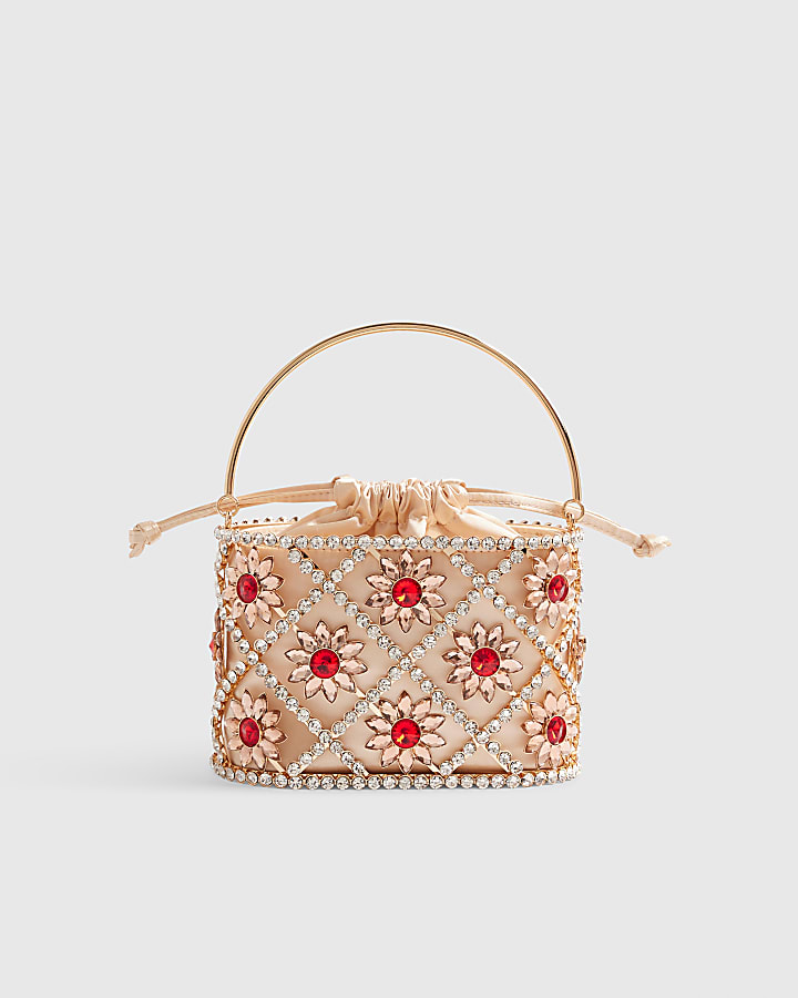 Gold Diamante Flower Basket Clutch Bag