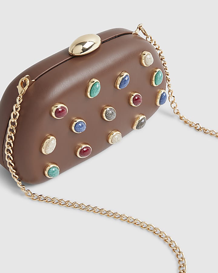 Brown Mixed Gem Hard Shell Clutch