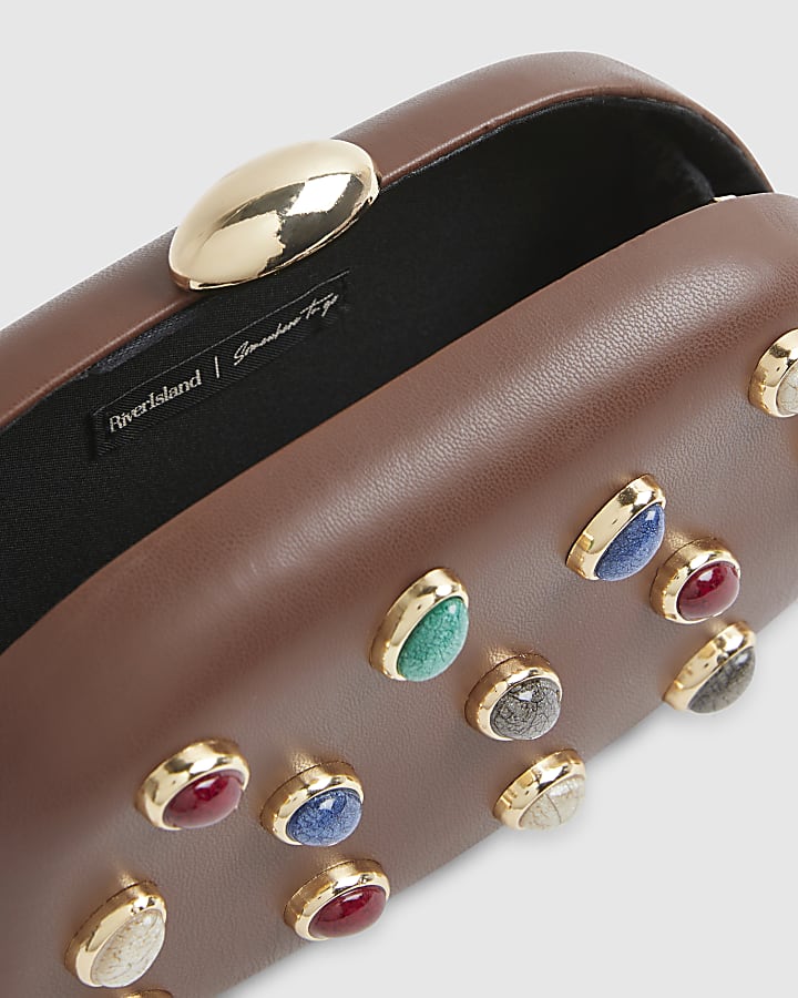 Brown Mixed Gem Hard Shell Clutch