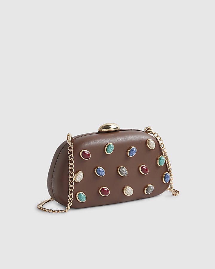Brown Mixed Gem Hard Shell Clutch