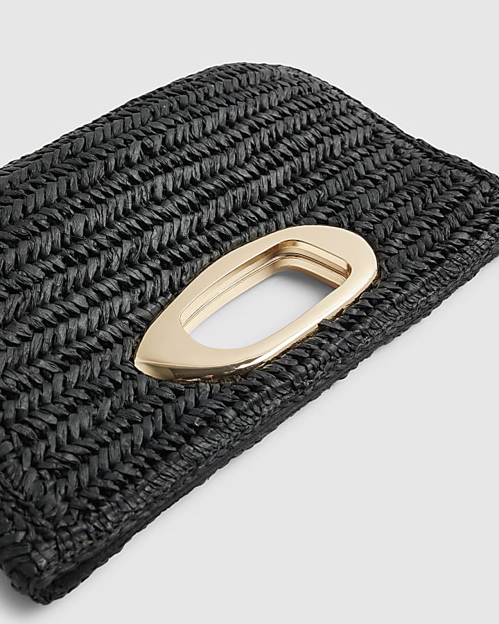 Black Raffia Metal Handle Clutch Bag