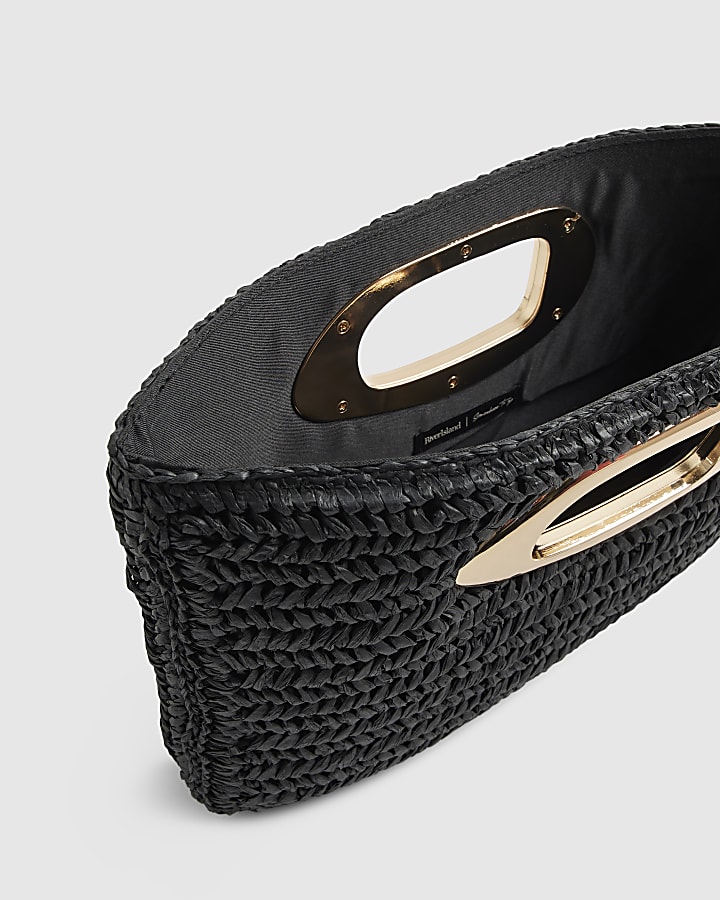 Black Raffia Metal Handle Clutch Bag