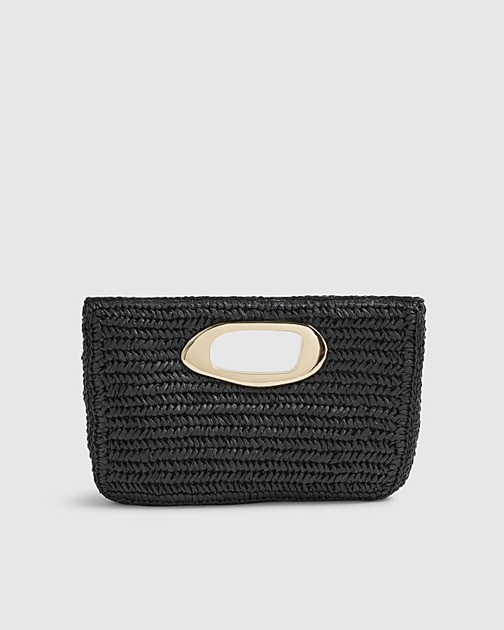 Black Raffia Metal Handle Clutch Bag