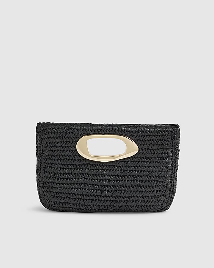 Black Raffia Metal Handle Clutch Bag