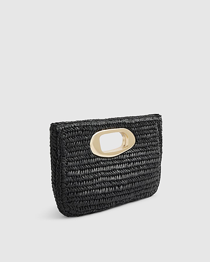 Black Raffia Metal Handle Clutch Bag