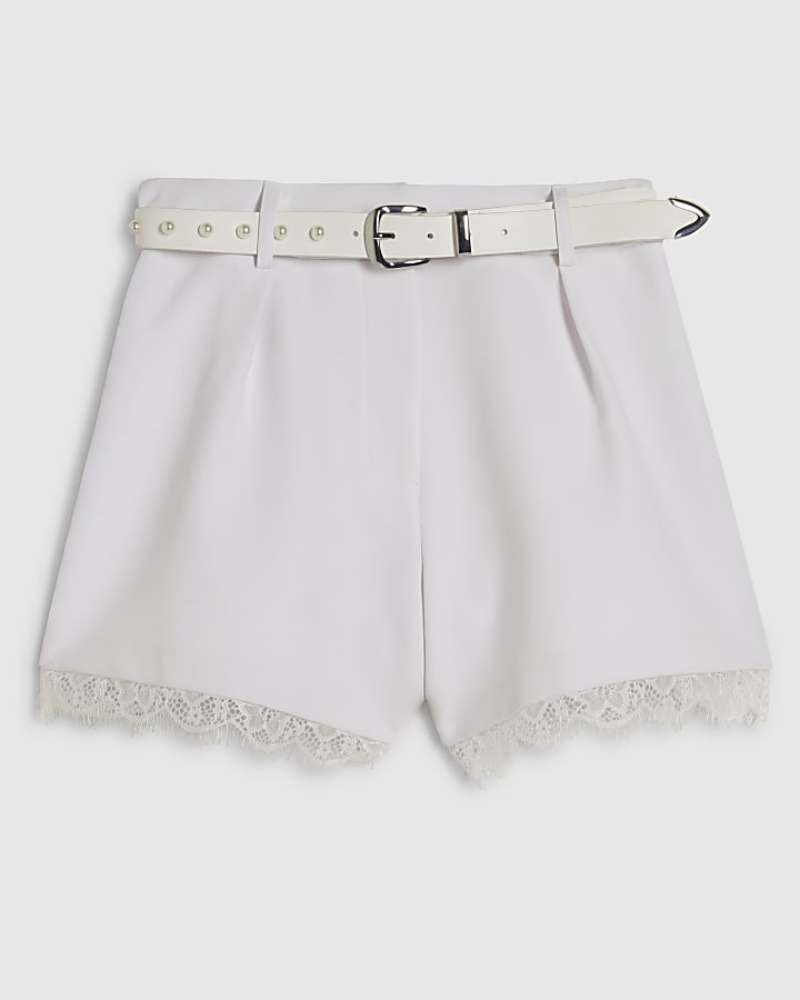 White Lace Trim Stud Belt Shorts