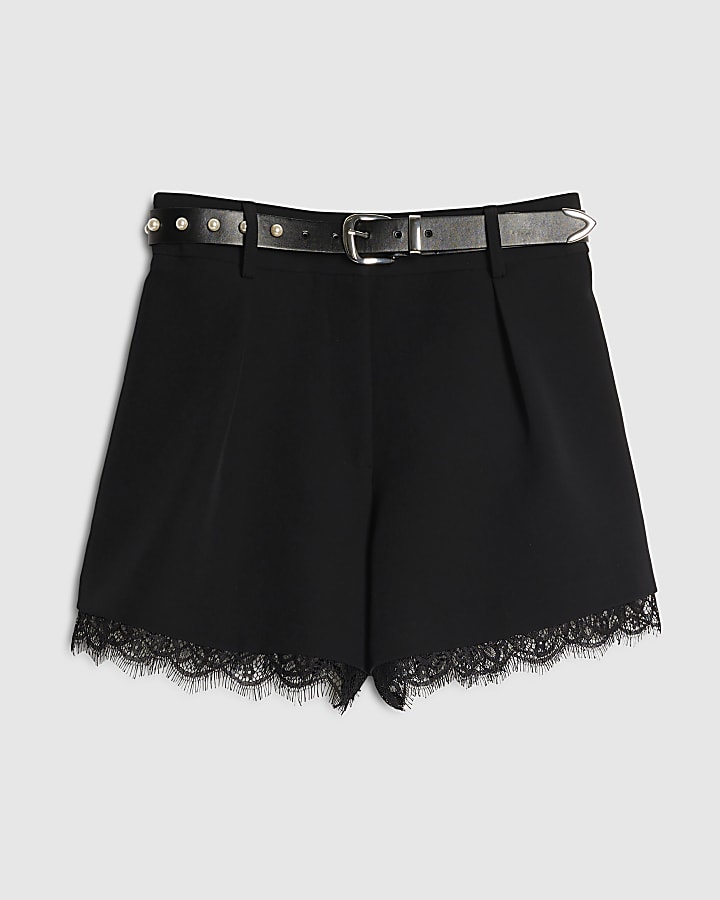 Black Lace Trim Stud Belt Shorts