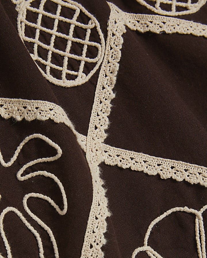 Brown Cotton Blend Embroidered Motif Shorts