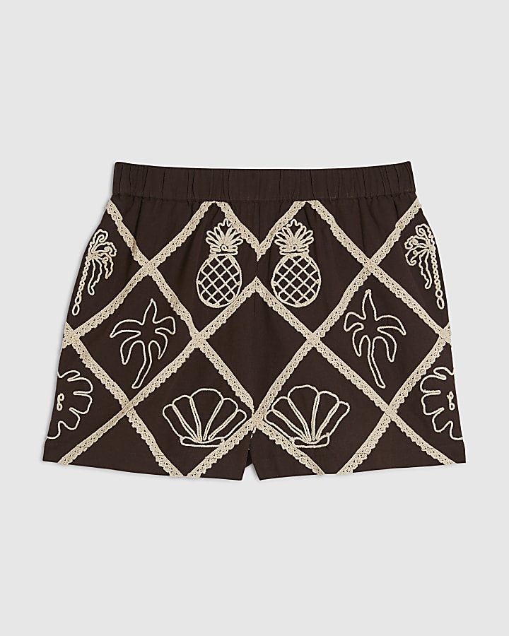 Brown Cotton Blend Embroidered Motif Shorts