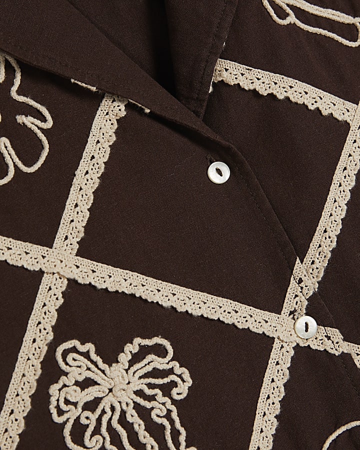 Brown Cotton Blend Embroidered Motif Shirt