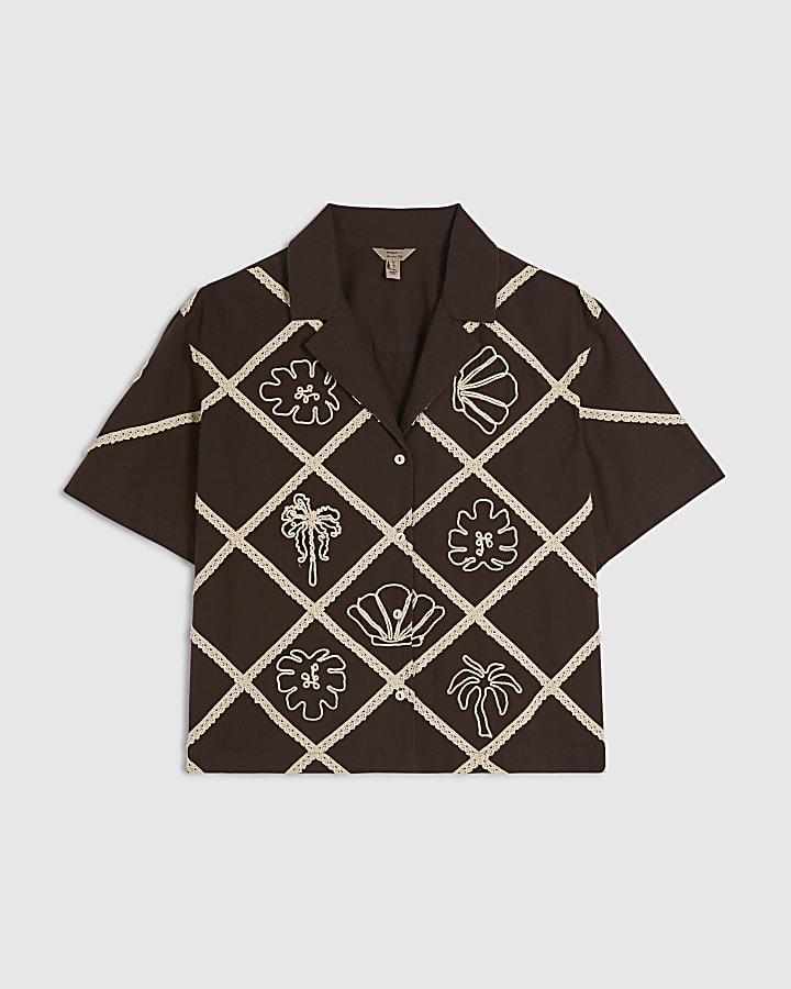 Brown Cotton Blend Embroidered Motif Shirt