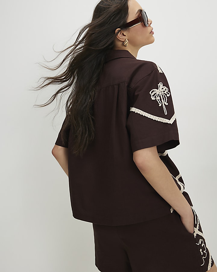 Brown Cotton Blend Embroidered Motif Shirt