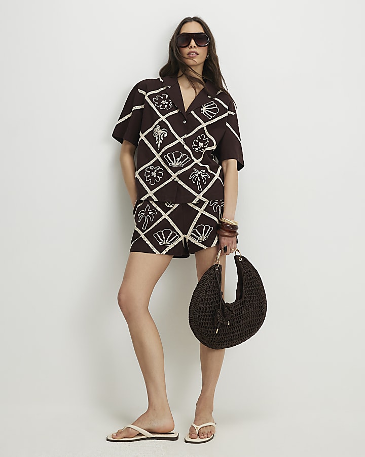 Brown Cotton Blend Embroidered Motif Shirt