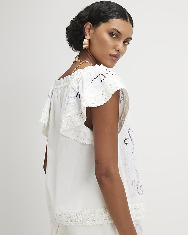 White Cotton blend Lace Trim Cutwork Blouse