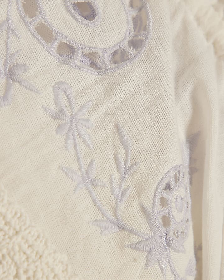 White Cotton blend Lace Trim Cutwork Blouse