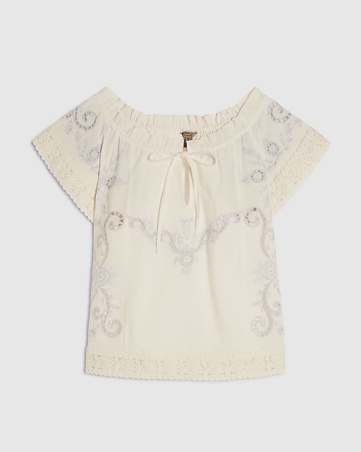 White Cotton blend Lace Trim Cutwork Blouse