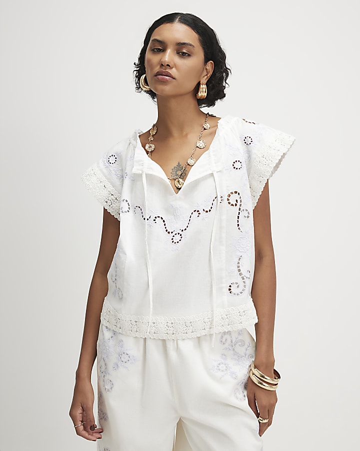 White Cotton blend Lace Trim Cutwork Blouse
