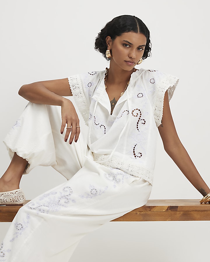 White Cotton blend Lace Trim Cutwork Blouse