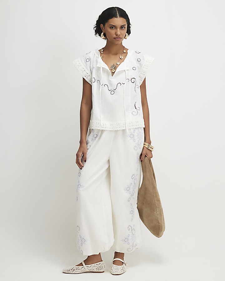 White Cotton blend Lace Trim Cutwork Blouse