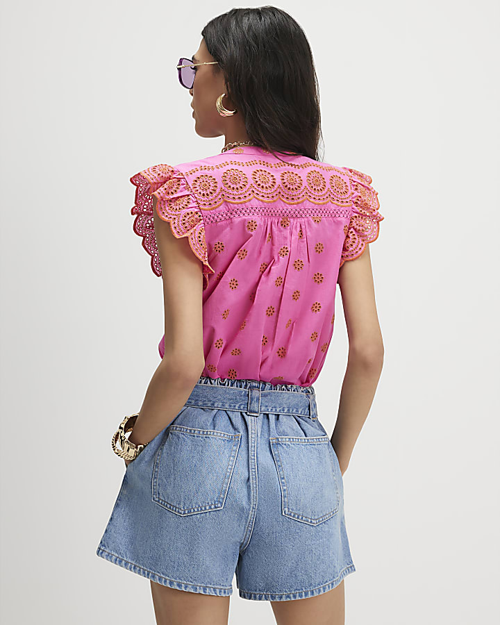 Pink Broderie Frill Sleeve Blouse