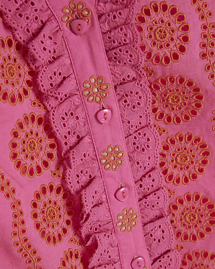 Pink Broderie Frill Sleeve Blouse