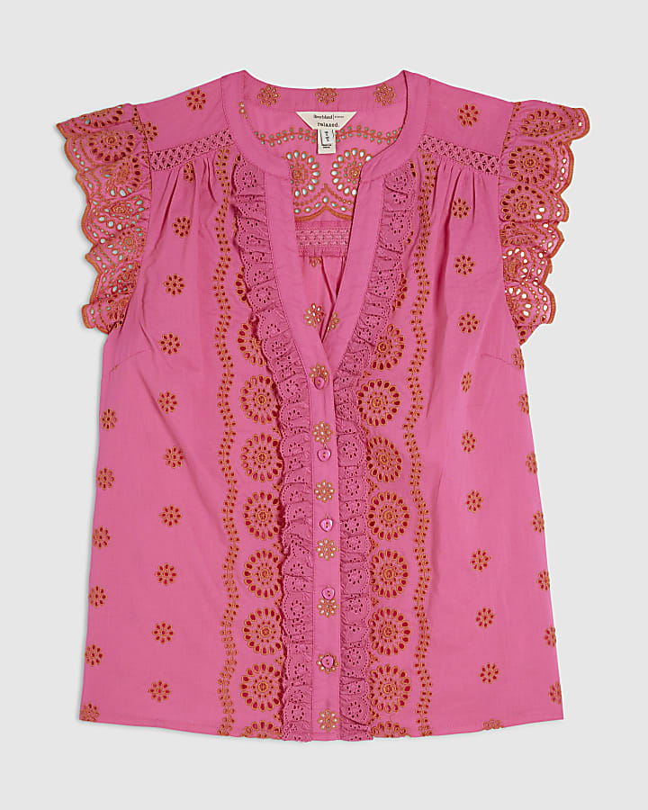 Pink Broderie Frill Sleeve Blouse