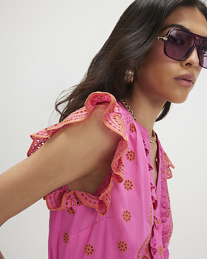 Pink Broderie Frill Sleeve Blouse