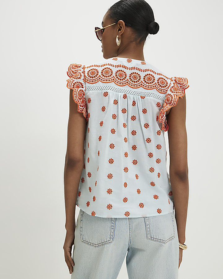 Blue Broderie Frill Sleeve Blouse