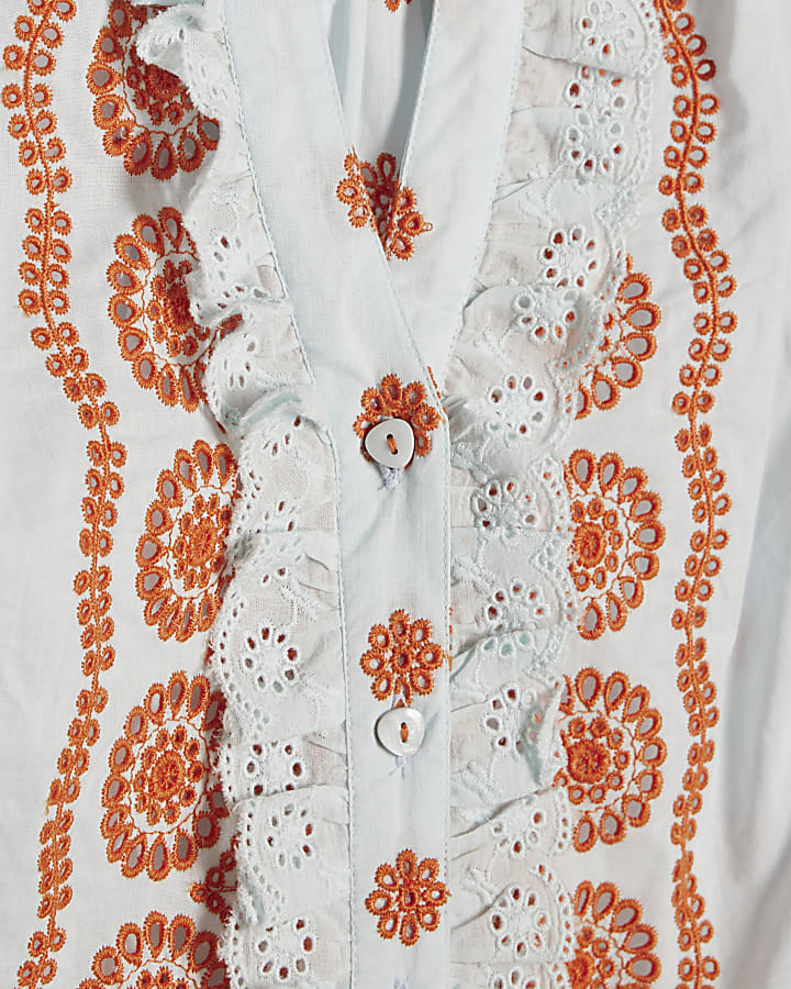 Blue Broderie Frill Sleeve Blouse