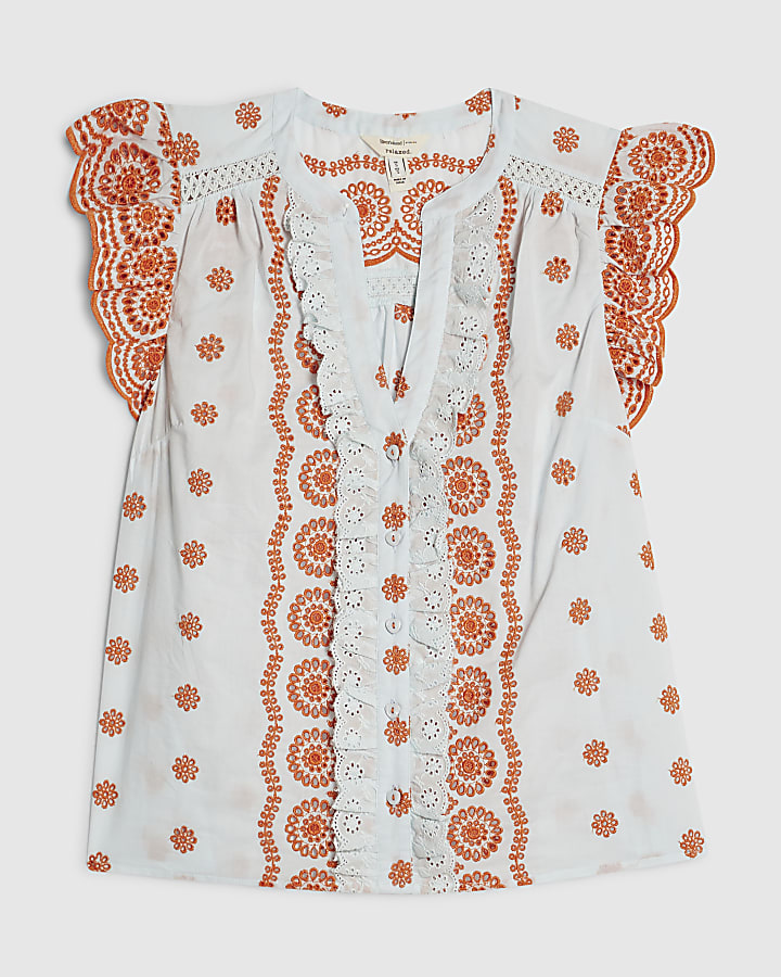 Blue Broderie Frill Sleeve Blouse