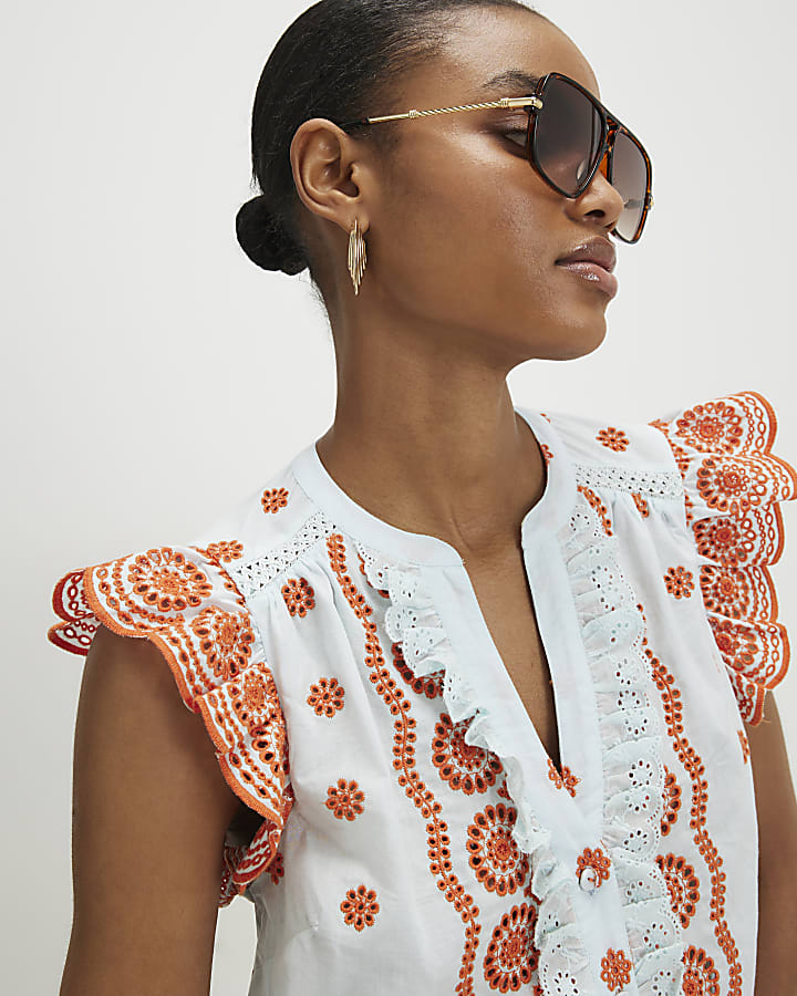 Blue Broderie Frill Sleeve Blouse