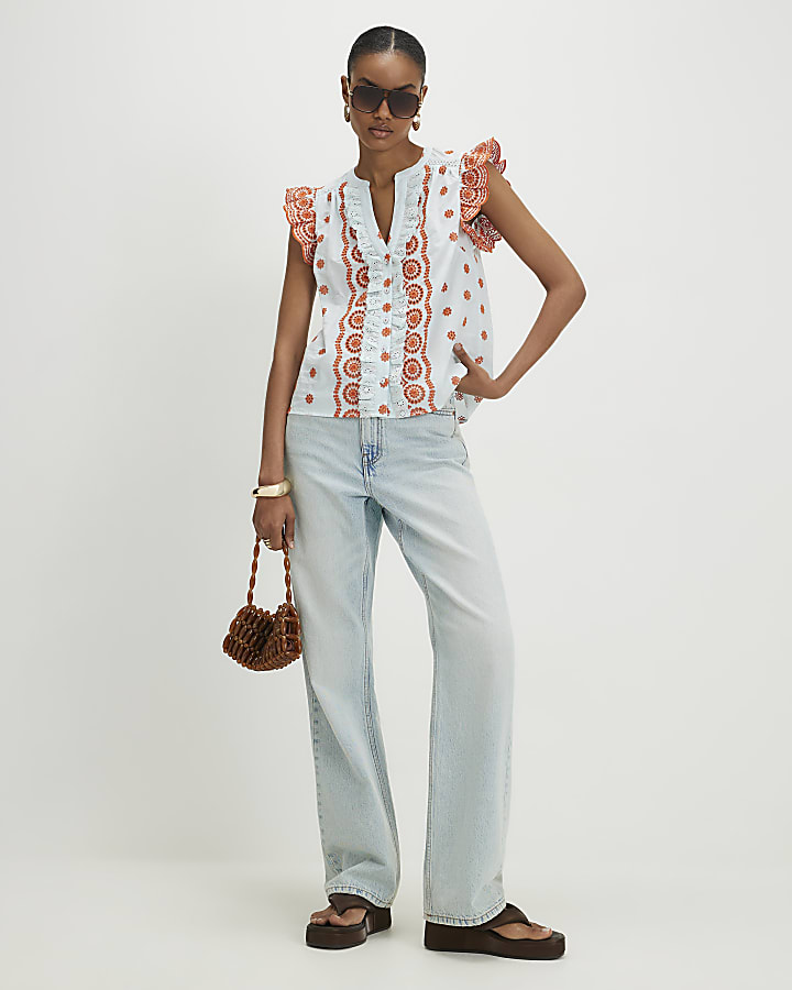 Blue Broderie Frill Sleeve Blouse