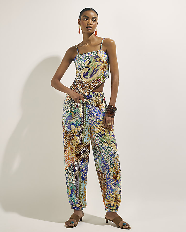Blue Asymmetric Hanky Tile Print Top