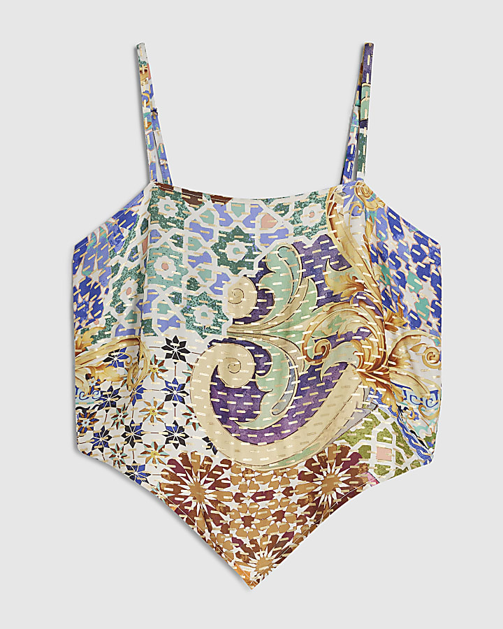 Blue Asymmetric Hanky Tile Print Top