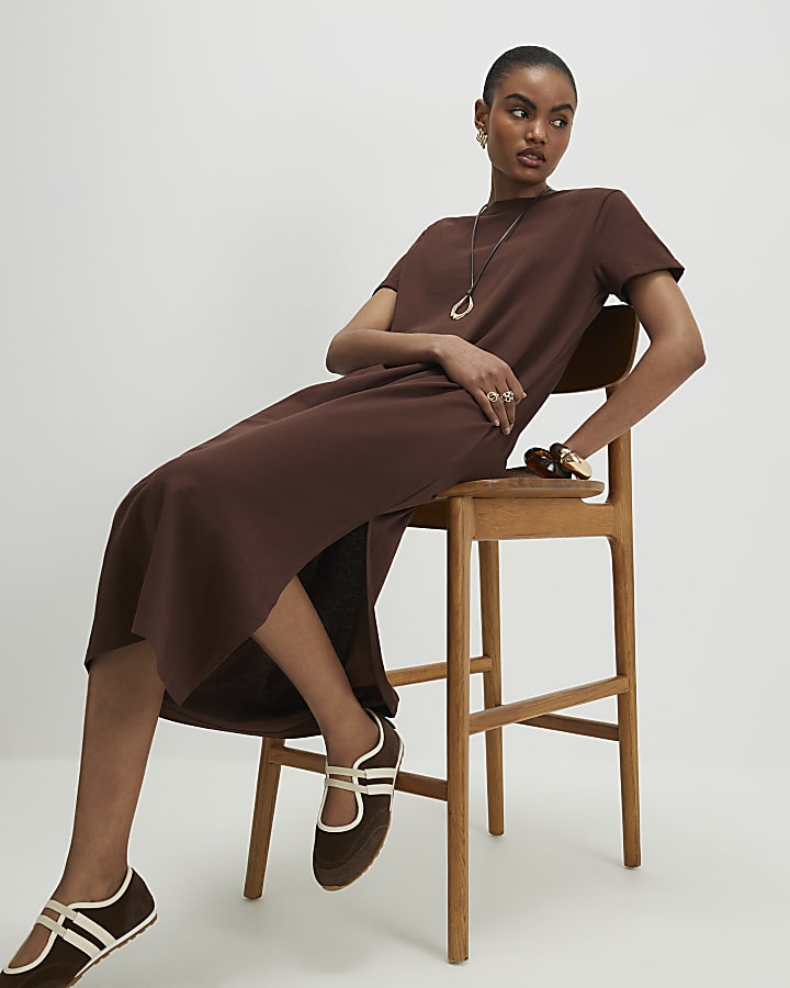 Brown Cotton T-Shirt Midi Dress