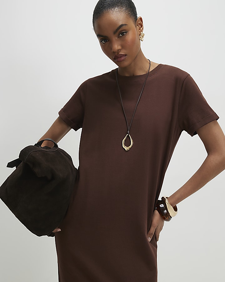 Brown Cotton T-Shirt Midi Dress