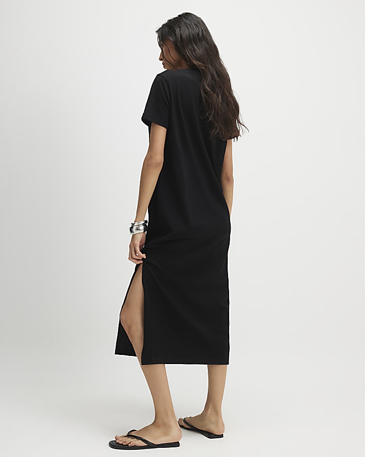 Black Cotton T-Shirt Midi Dress