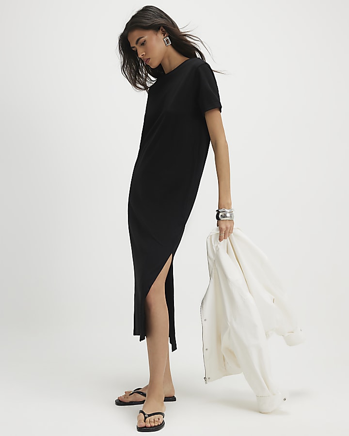 Black Cotton T-Shirt Midi Dress