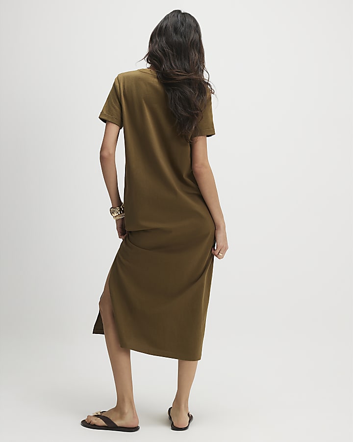 Khaki Cotton T-Shirt Midi Dress