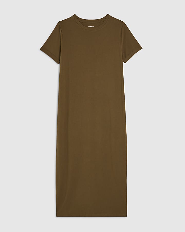 Khaki Cotton T-Shirt Midi Dress
